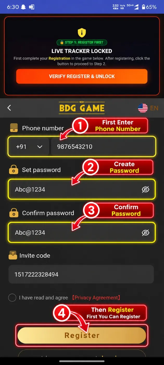 Live Tracker usage instruction screenshot — Step 1: Register Your Account