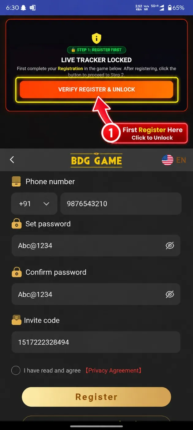 Live Tracker usage instruction screenshot — Step 2: Verify Registration & Unlock