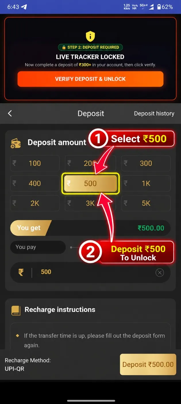 Live Tracker usage instruction screenshot — Step 4: Select & Deposit ₹500