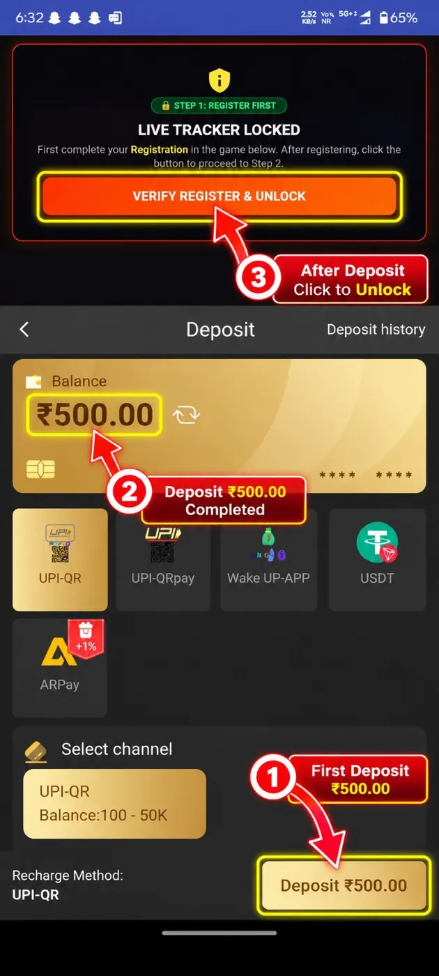 Live Tracker usage instruction screenshot — Step 5: Verify Deposit & Unlock